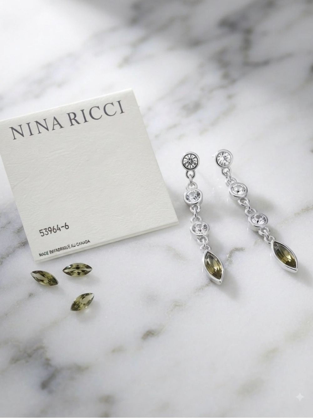 Nina Ricci Silver Drop Earrings with Olive Stones